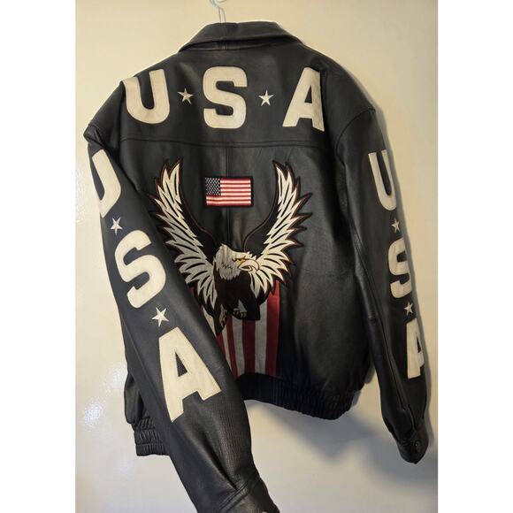 Marco Bassi Italy Mens L Leather Jacket Stitched USA Eagle Flag Black Lined